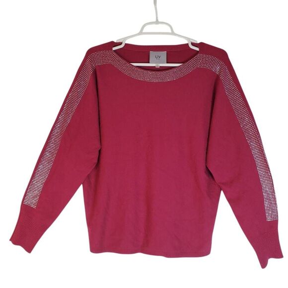 LIV Sweaters - Liv Milano Silver Rhinestones Boat Neck Dolman Long Sleeve Sweater Red Large